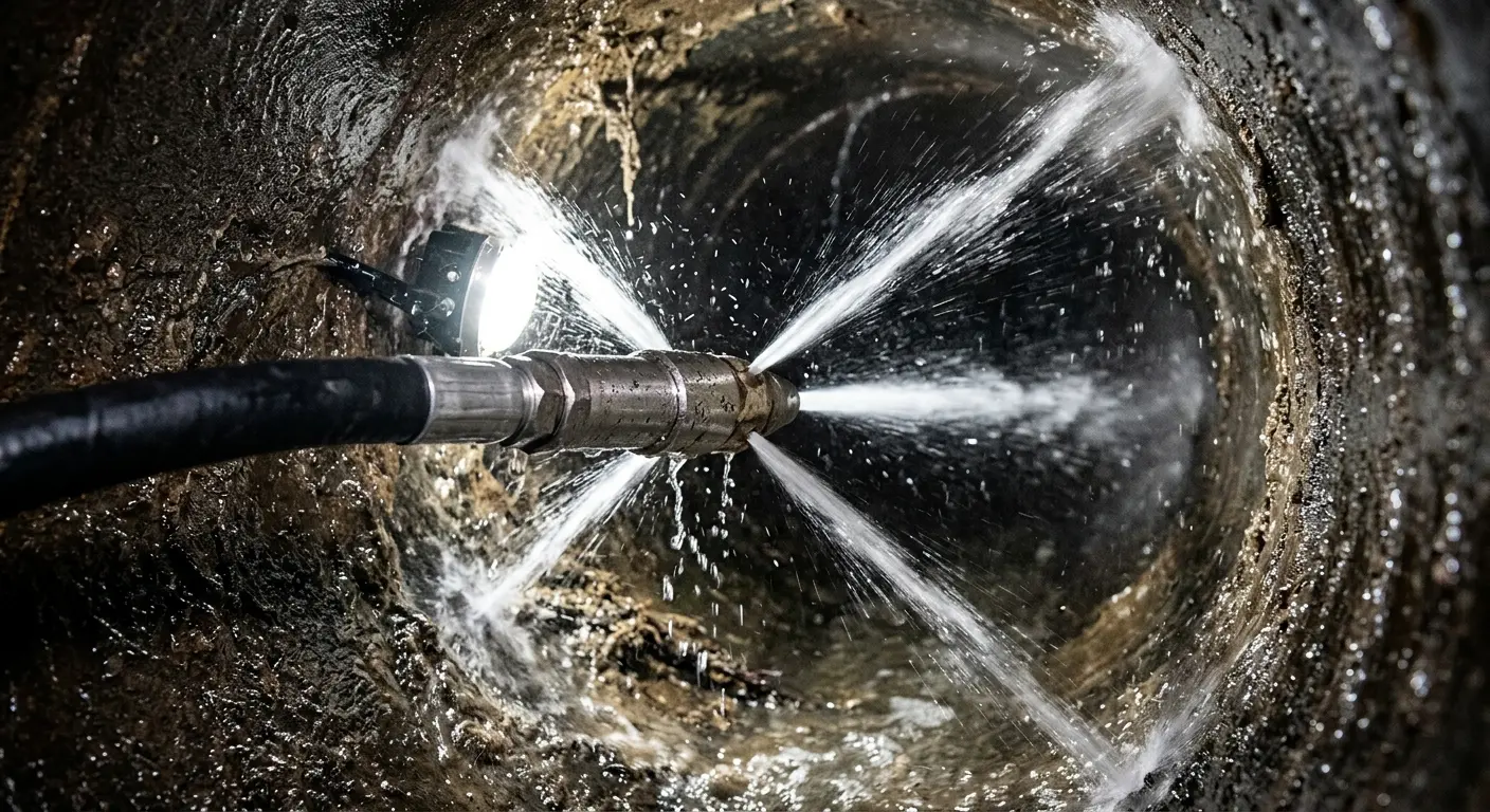 High-pressure hydro jetting nozzle cleaning sewer pipe for Trenchless Sewer Repair in Urbana