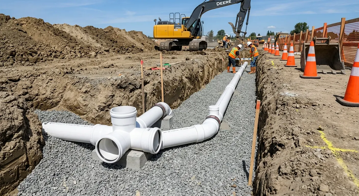 New PVC sewer pipe installation in open trench for Commercial Drain Cleaning in Urbana