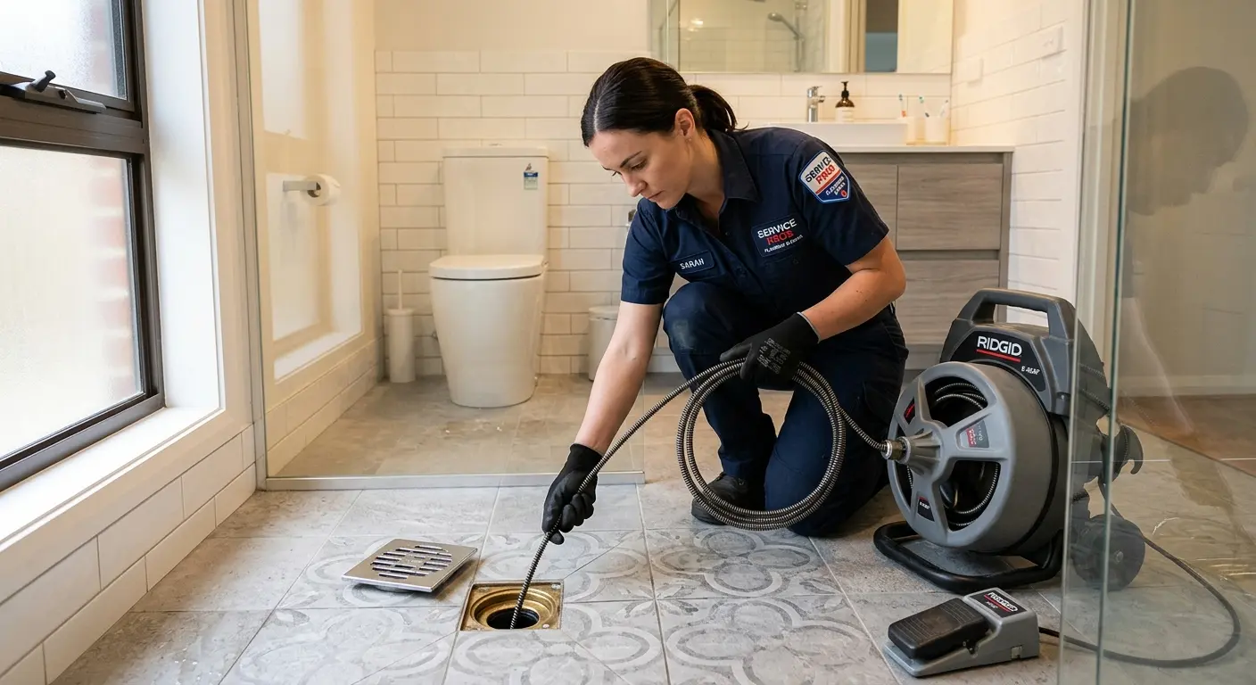 Technician clearing a bathroom floor drain for Hydro Jetting in Urbana